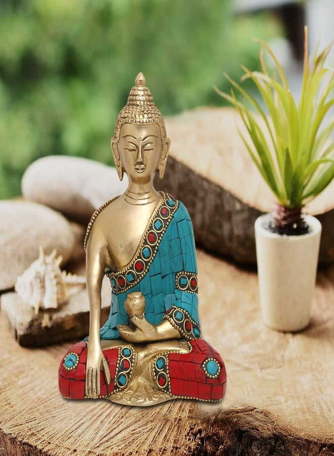 Pick End Now Brass Gautam Buddha Idol for Decoration | Gautam Buddha Sitting Position Draped in Blue Shawl Statue for Home Office Décor, Product Dimensions - 10.16 x 3.5 x 15.24Cm, 1 Kg - Image 4